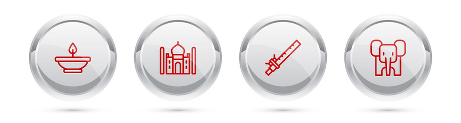 Sticker - Set line Aroma lamp, Taj Mahal, Bamboo flute indian and Elephant. Silver circle button. Vector