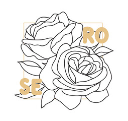 Aufkleber - Decorative english garden vintage rose with text. Female summer print, t-shirt design. Line art. Hand drawn beautiful flowers. Vector stock illustration.