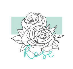 Aufkleber - Decorative garden vintage rose with text. Female summer print, t-shirt design. Line art. Hand drawn beautiful flowers. Vector stock illustration.