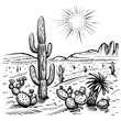 Desert landscape and cactus, vector illustration. Line sketch.