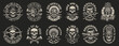 Set of vector illustrations of skulls on the themes: biker, pirate, warrior, barbershop, rock roll, surfing. Perfect for Tshirt design and many other uses