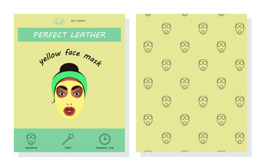 Wall Mural - Yellow cosmetic face mask. Cosmetics packaging design. The face of a smiling girl in a mask. Seamless scalable face mask pattern.