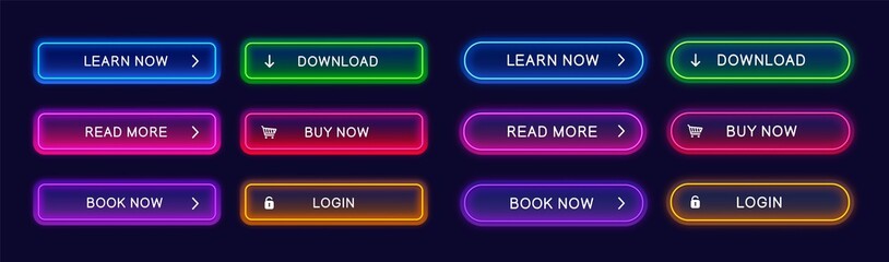 Poster - Trendy, glow, neon buttons for web design, apps, ui. Abstract, vector, neon buttons isolated on dark background. Ready web concept element for website.