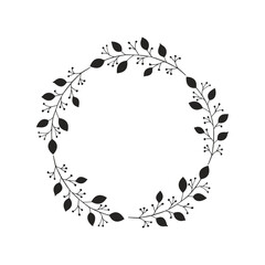 Poster - Round vintage frame or wreath of black branches with leaves on white background. Modern hand drawn floral design. Vector illustration	
