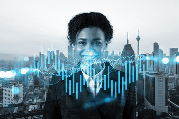 Successful smiling attractive black woman trader suggesting a new strategy of investment in stocks to grow client income. Woman in business concept. Forex chart. Kuala Lumpur. Double exposure.