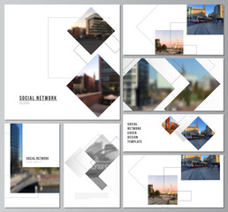 Poster - Vector layouts of modern social network mockups in popular formats with geometric simple shapes, lines and photo place for cover design, website design, website backgrounds or advertising mockups.