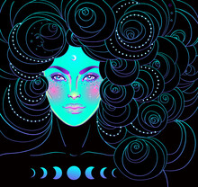 Mystic Girl With Green Face, Head Of The Clouds With Moon And Stars. Concept Of Inner Reality, Mental Health, Imagination. Female Portrait Of Night Goddess. Isolated Vector Illustration.