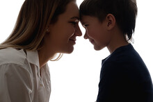 Family Care. Parents Support. Empathy Love. Close Relationship. Friendship Encouragement. Happy Mother With Son Touching Foreheads Looking Each Other Isolated On White Side View.