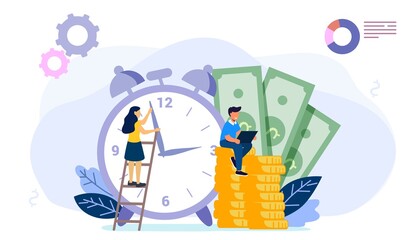 Times is money Concept save time Money saving Financial investments in stock market future income growth Tiny people characters working together with clock vector illustration