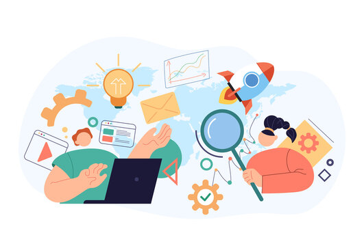 SEO searching internet online optimisation concept. Vector flat cartoon modern style abstract illustration