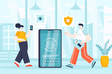Fototapete - Biometric access control concept in flat design. Security service working scene. Man and woman use fingerprint scanner, access to device. Vector illustration of people characters for landing page
