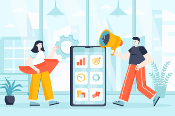 Aufkleber - Mobile marketing concept in flat design. Marketers team working at office scene. Man and woman promotion, advertising at smartphone app. Vector illustration of people characters for landing page