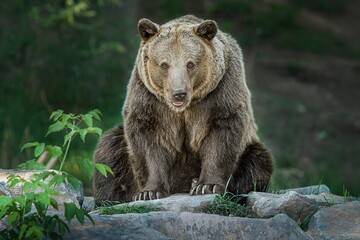 brown bear (ursus arctos) big male sitting on the stones, relax after a meal