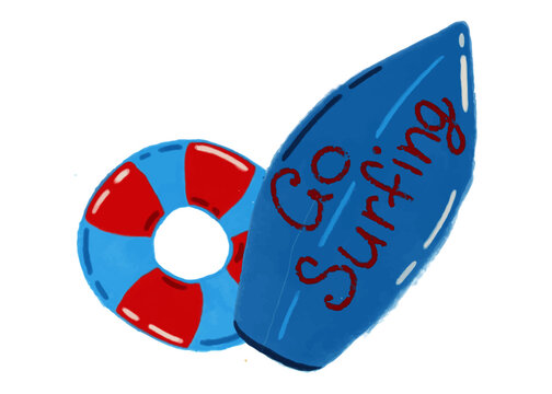 Summer vacation. Sea holidays. Beach things. Surfing. Swimming