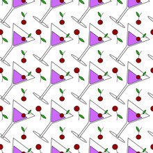 Vector Seamless Pattern Of Glasses With Pink Cocktail Martini And Cherries. Background Elements Can Be Used Individually.