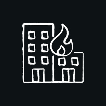 Fire in a high-rise building chalk icon. Firefighters. Rescue service. Thin line customizable illustration. Contour symbol. Vector isolated outline drawing.