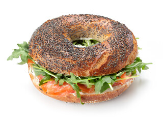 Wall Mural - single whole bagel sandwich with salmon isolated on white background