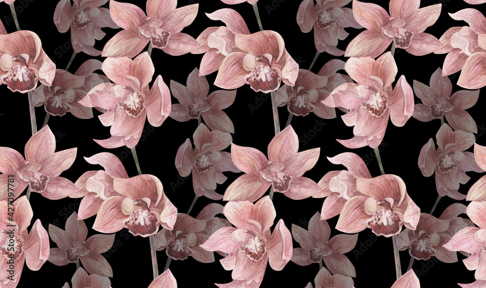 watercolor seamless pattern with orchid flowers on black background for ...