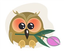 .Cute Cartoon Owl With Big Kind Eyes. A Wise Character Is Holding A Pink Tulip In His Beak. Gift For The Holiday.Vector Illustration On A White Background.