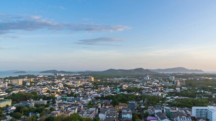 Wall Mural - phuket city aerial scenic view from khao rang hill park, during sunset twilight; day to night - time