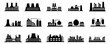 Set of industrial factories icons. Black silhouettes isolated on white background. Vector symbols industrial buildings on white background.