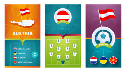 austria team European 2020 football vertical banner set for social media. Austria group C banner with isometric map, pin flag, match schedule and line-up on soccer field