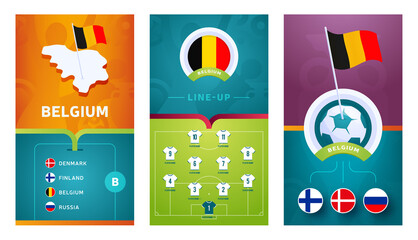 Belgium team European 2020 football vertical banner set for social media. Belgium group B banner with isometric map, pin flag, match schedule and line-up on soccer field