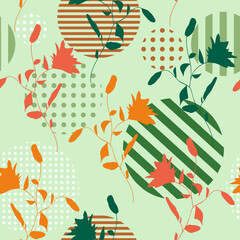 Wall Mural - Blossom floral seamless pattern. Doodle abstract branches scattered random. Trendy vector texture. Fashion prints, fabric, design. Hand drawn small flowers on green geometric polka dots background