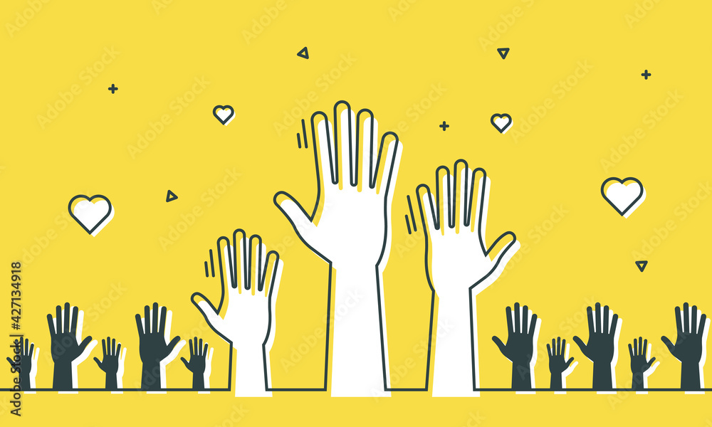 Volunteers and charity work. Social care raised helping hands. Illustration with a crowd of people ready and available to help and contribute. Positive foundation, business, service. - obrazy, fototapety, plakaty 