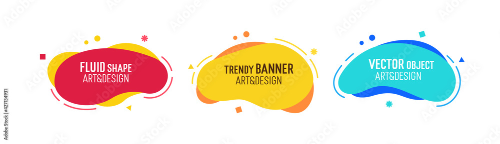 Set of modern organic shapes. Fluid vector trendy elements. Template graphics with geometric speech bubbles and banners with frames to put your own text - obrazy, fototapety, plakaty 