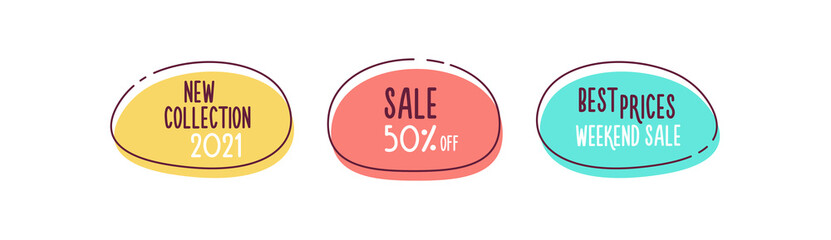 Aufkleber - Set of modern sale label shapes. Fluid vector doodle trendy elements. Template graphics with geometric speech bubbles and banners with frames. Easy to replace text