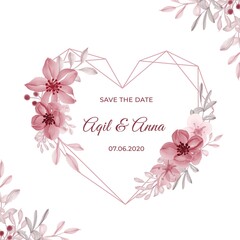 Poster - modern wedding invitation card with geometric love shape pink flower