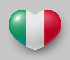 Wall Mural - Heart shaped glossy national flag of Italy. European country national flag button, Italian symbol in patriotic colors realistic vector illustration on gray background