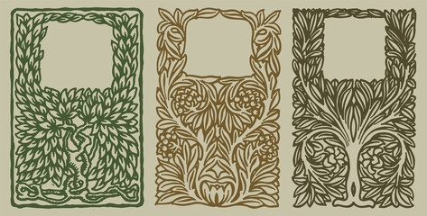 Beautiful vintage floral ornate borders, set of three. Full leaves natural organic graphic borders.