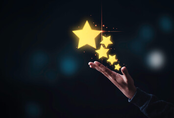 Poster - Hand showing five yellow gold stars on black background , Customer satisfaction and evaluation product and service concept.