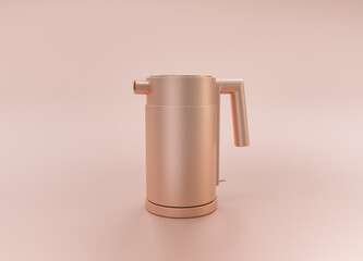 Anodized Rose Gold Material single color kitchen appliance, ElectricKettle, on light pinkish color background, 3d rendering, utensil