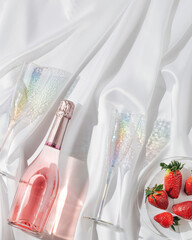 Wall Mural - Rose champagne in bottle, bright glasses for wine and and red berries strawberry sparkling on light with beautiful shadows