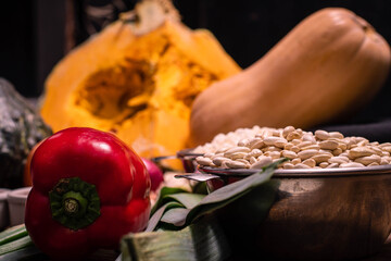 Wall Mural - ingredients for preparation of locro traditional and typical Argentine food pepper paprika pumpkin pumpkin white bean corn onion green onion leek