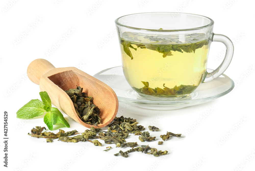 Cup of green tea on white background