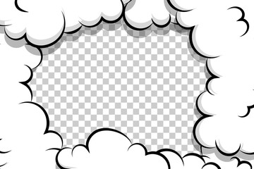 Comic book cartoon speech bubble for text. Cartoon puff cloud template on transparent background for text. Pop art dialog conversation funny smoke steam. Comics explosion symbol.