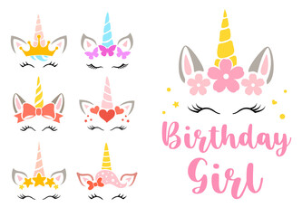 Wall Mural - birthday girl phrase with cute unicorn faces. kids birthday party design. a set with cute magic char