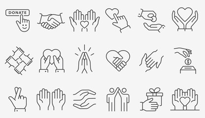charity line icon set. collection of donate, volunteer, help, solidarity and more. editable stroke.