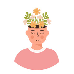 A person with spring flowers in head. Concept of positive thinking, self care, spiritual healthy slow life. Falling in love. Meditation, mindfulness. Hippie. Mental health concept. Vector illustration