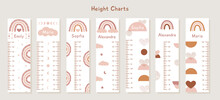 Big Vector Set Of Kids Height Charts With Abstract Boho Shapes And Rainbows In Terracotta Colors. Meter Wall With Trendy Design. Children Growth Chart. Bohemian Earthy Celestial Elements For Nursery.