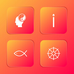 Sticker - Set Yin Yang, Burning candle, Christian fish and Dharma wheel icon. Vector