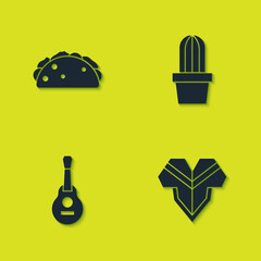 Sticker - Set Taco with tortilla, Poncho, Mexican guitar and Cactus succulent in pot icon. Vector