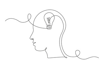 Wall Mural - Lightbulb in head in One single Line drawing for logo, emblem, web banner, presentation. Simple creative idea and imagine concept. Vector illustration