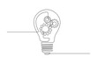 Lightbulb with gear wheels in One single Line drawing for logo, emblem, web banner, presentation. Simple creative innovation concept. Vector illustration