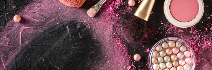 makeup panoramic banner with brushes and pears