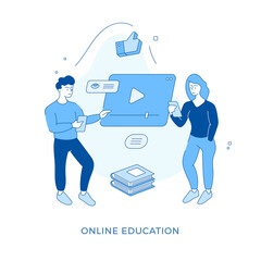 Poster - Linear flat Online education concept. Male and female cartoon characters watching educational video online using smartphones. Online training, digital classroom, e-learning
